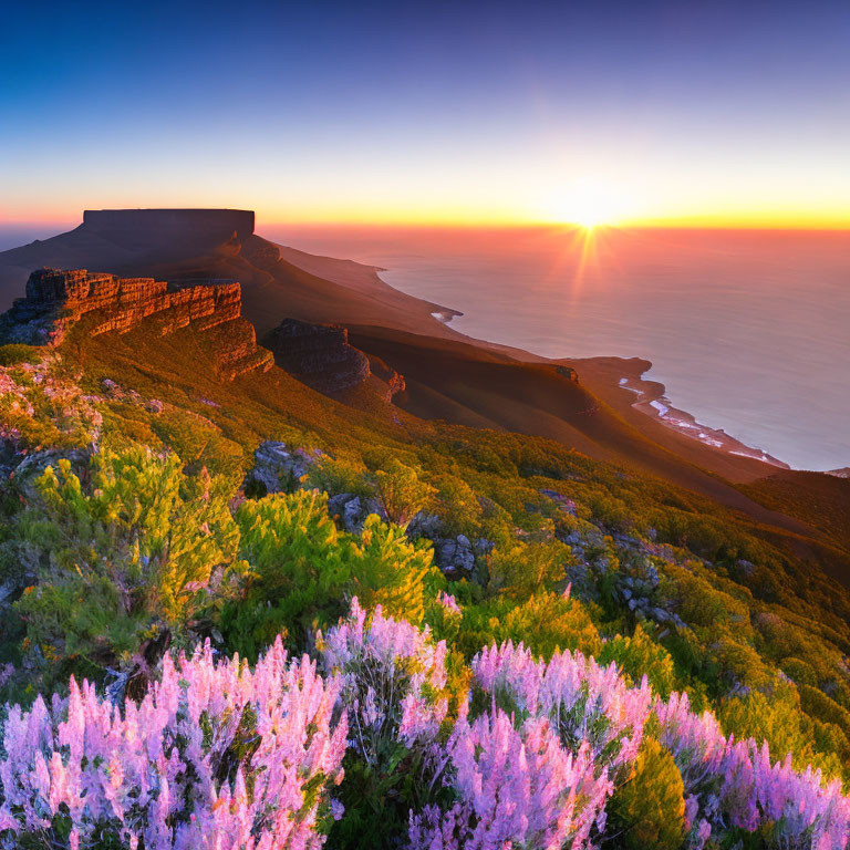 Vibrant purple flowers in sunrise landscape with ocean view