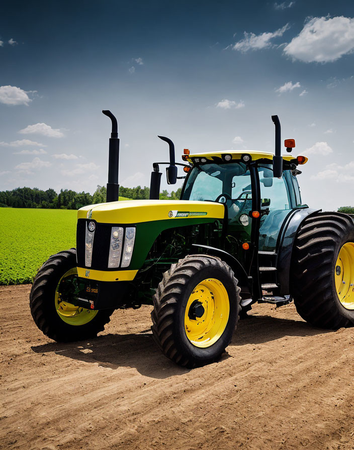 Vibrant green and yellow tractor in a field under clear sky