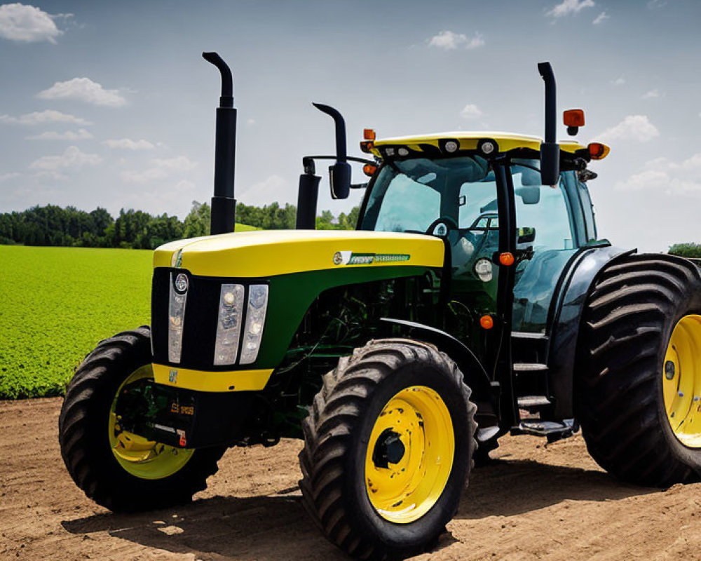 Vibrant green and yellow tractor in a field under clear sky