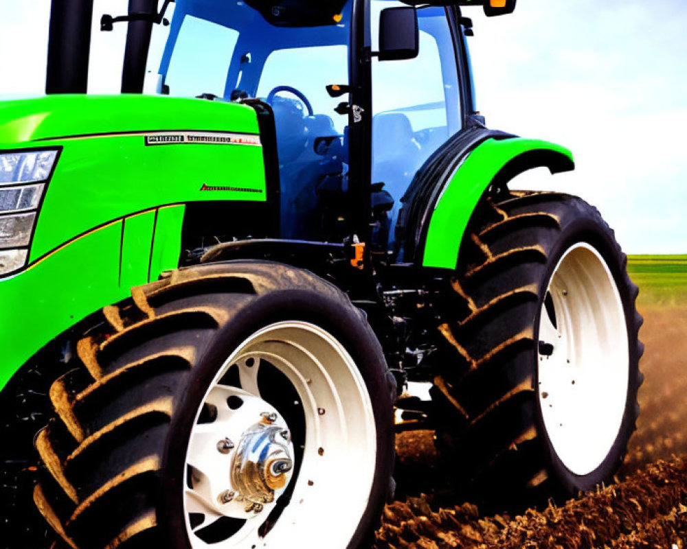 Colorful tractor plowing brown soil under blue sky