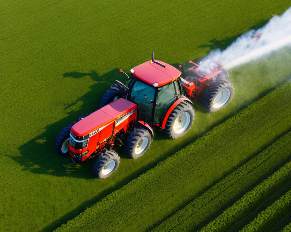 Aerial view of red tractor spraying crops in green field