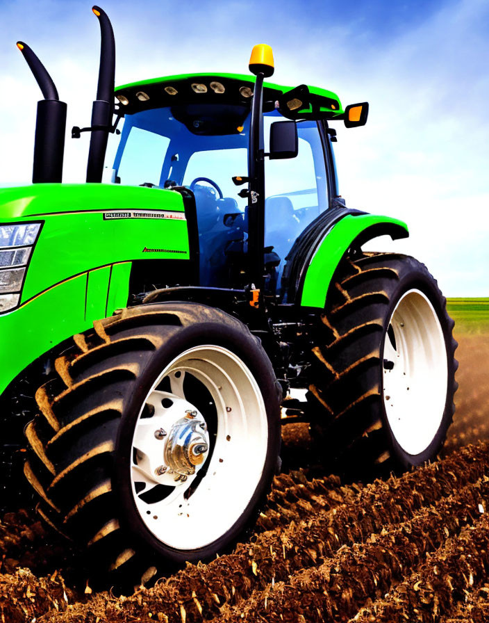 Colorful tractor plowing brown soil under blue sky