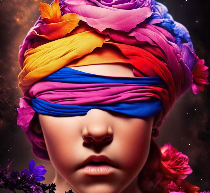 Colorful portrait of a person with blindfold and floral turban on celestial background