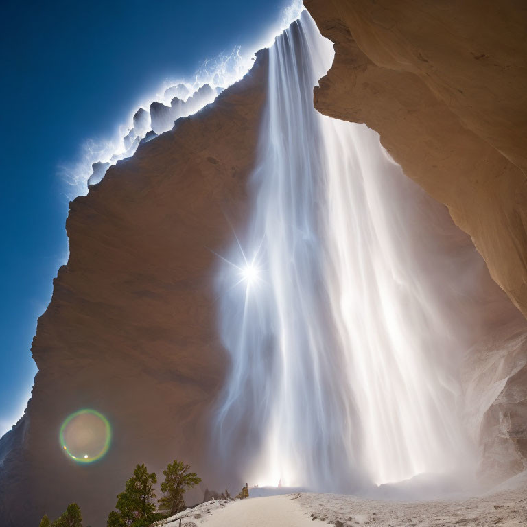 Sunbeams through waterfall over rocky overhang: light and shadow play in nature