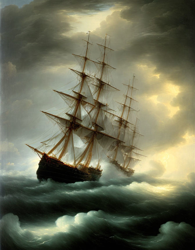 Majestic sailing ship in turbulent seas under dramatic cloudy sky