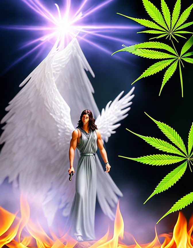 Illustration of angel with sword in flames, surrounded by stars and cannabis leaves