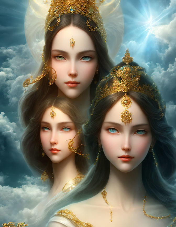 Three women with blue eyes in golden headdresses against cloudy sky