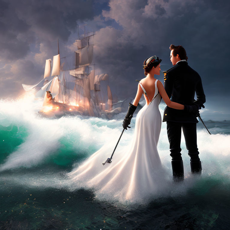 Formal attire couple with swords near burning ship in stormy sea