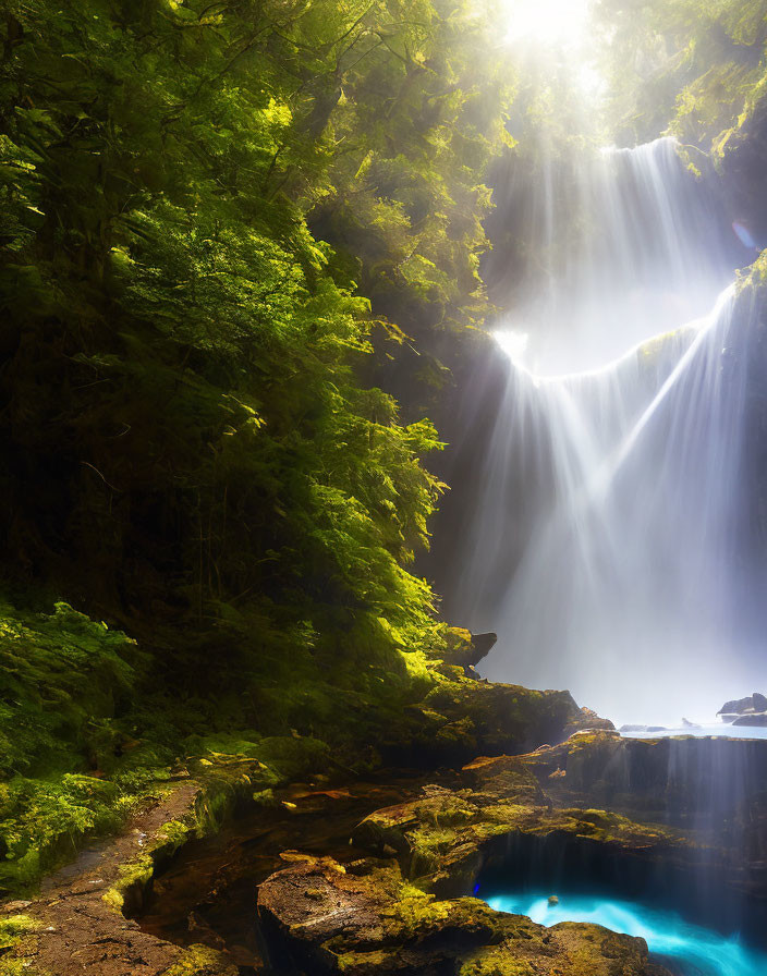 Misty forest with sunlight, waterfall, and blue pool