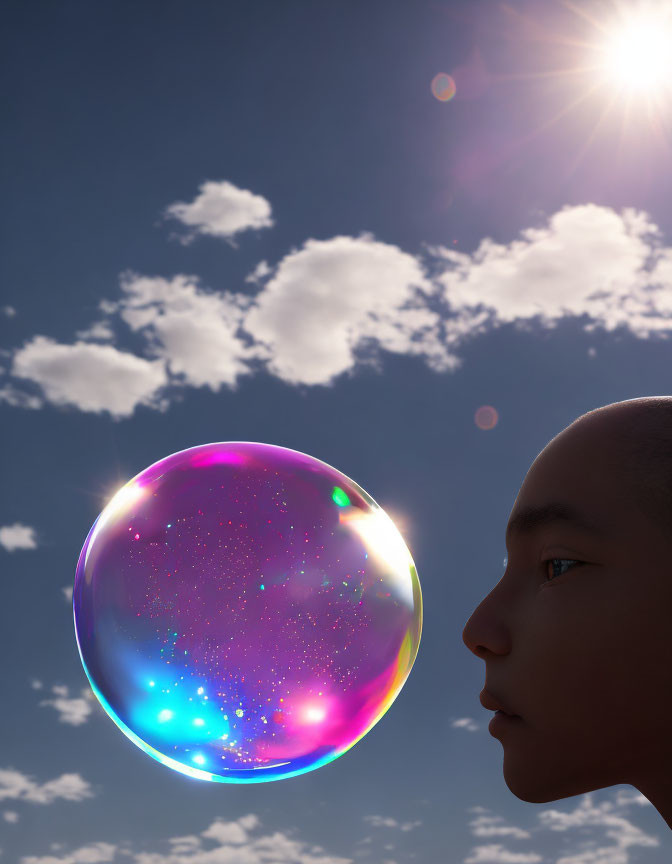 Child observing iridescent bubble in sunny sky