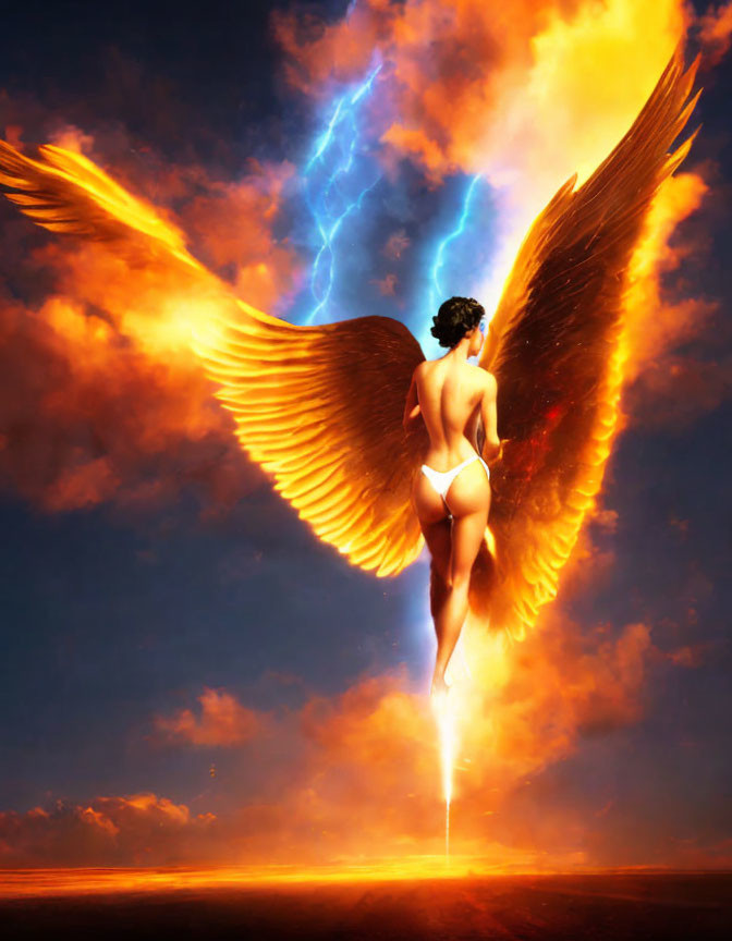 Winged figure with glowing orange wings in dramatic sky