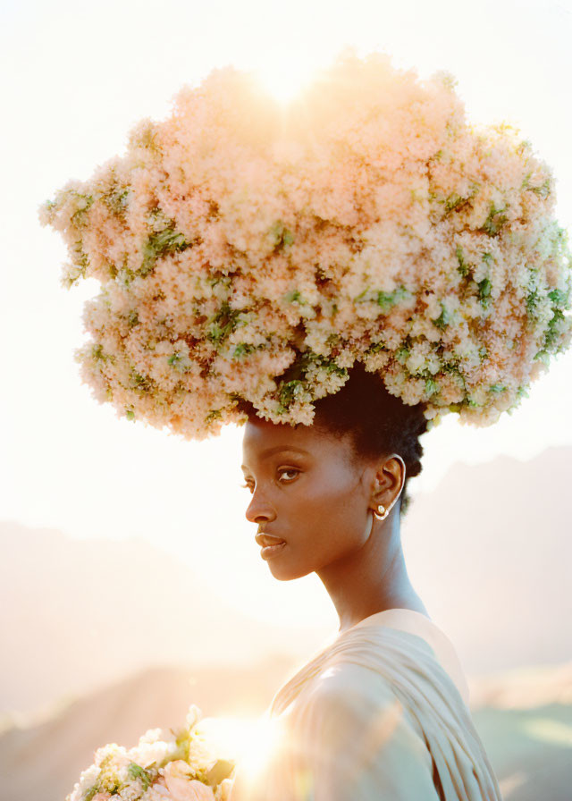 Woman Wearing Tree-Like Floral Headpiece at Sunset