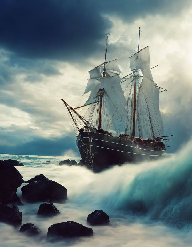 Tall ship with white sails in turbulent seas near rocky shores