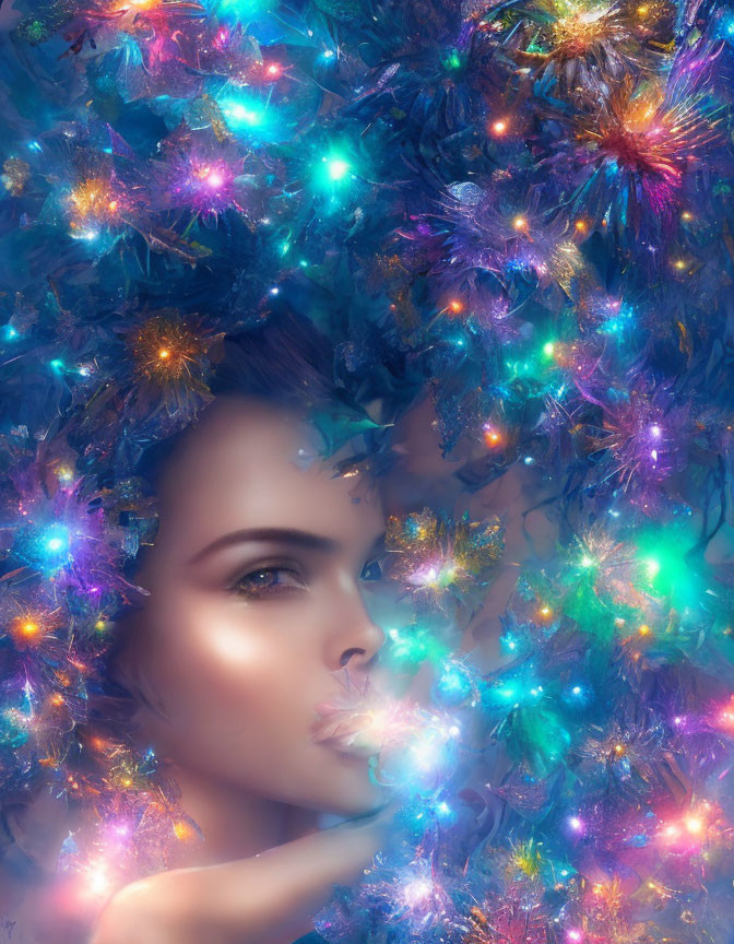 Colorful Woman's Face in Vibrant Blue and Purple Illuminated Background