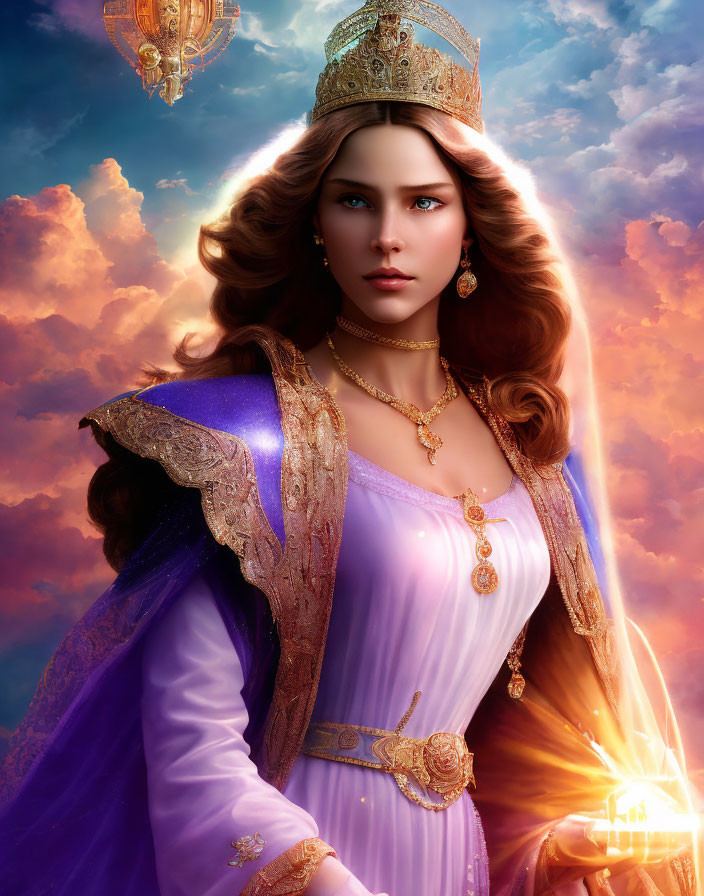 Regal woman in purple and gold gown with glowing orb in surreal sky