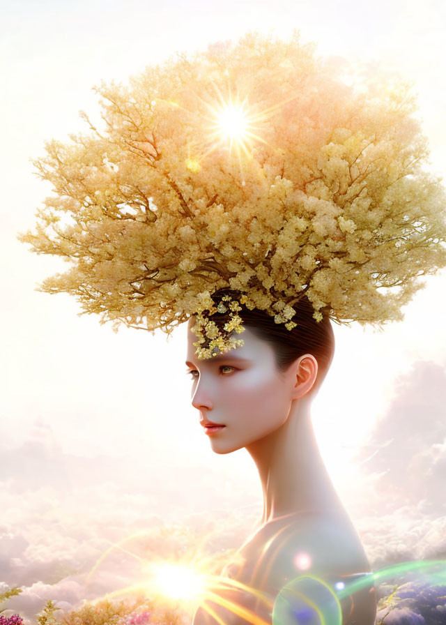 Female figure with glowing tree crown in serene setting