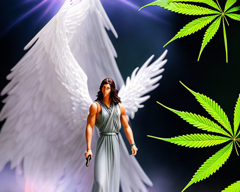 Illustration of angel with sword in flames, surrounded by stars and cannabis leaves