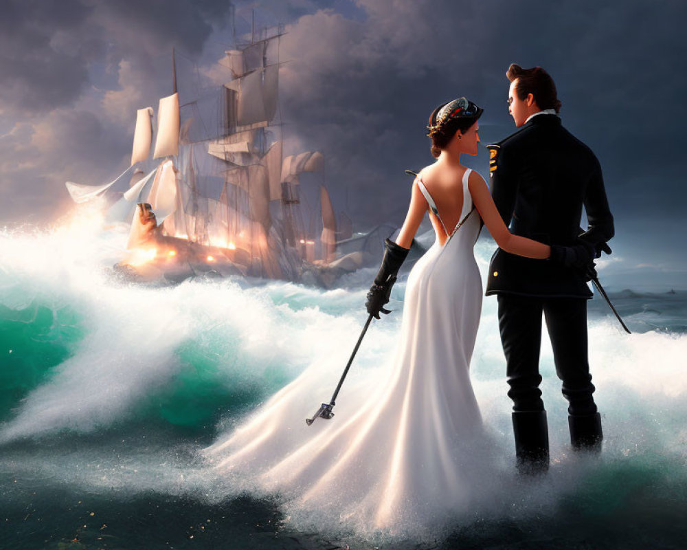 Formal attire couple with swords near burning ship in stormy sea