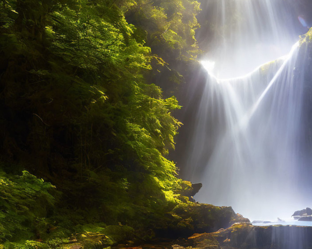 Misty forest with sunlight, waterfall, and blue pool