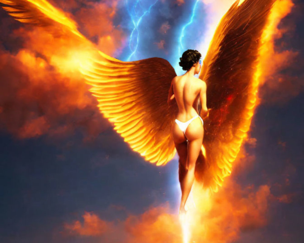 Winged figure with glowing orange wings in dramatic sky