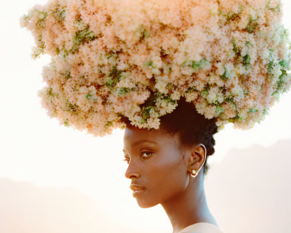 Woman Wearing Tree-Like Floral Headpiece at Sunset