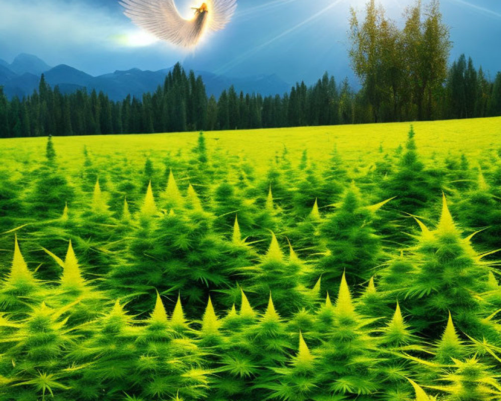 Glowing bird-like figure over lush green forest under radiant sky