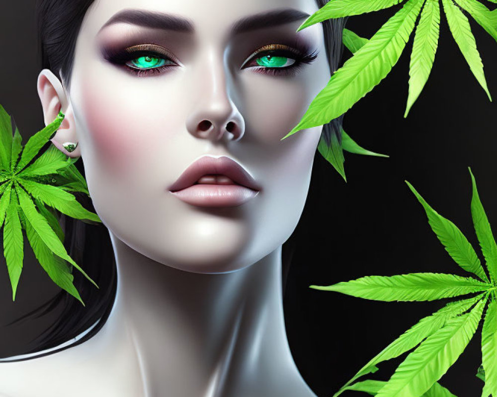 Vivid digital portrait of a woman with green eyes and cannabis leaves on dark background