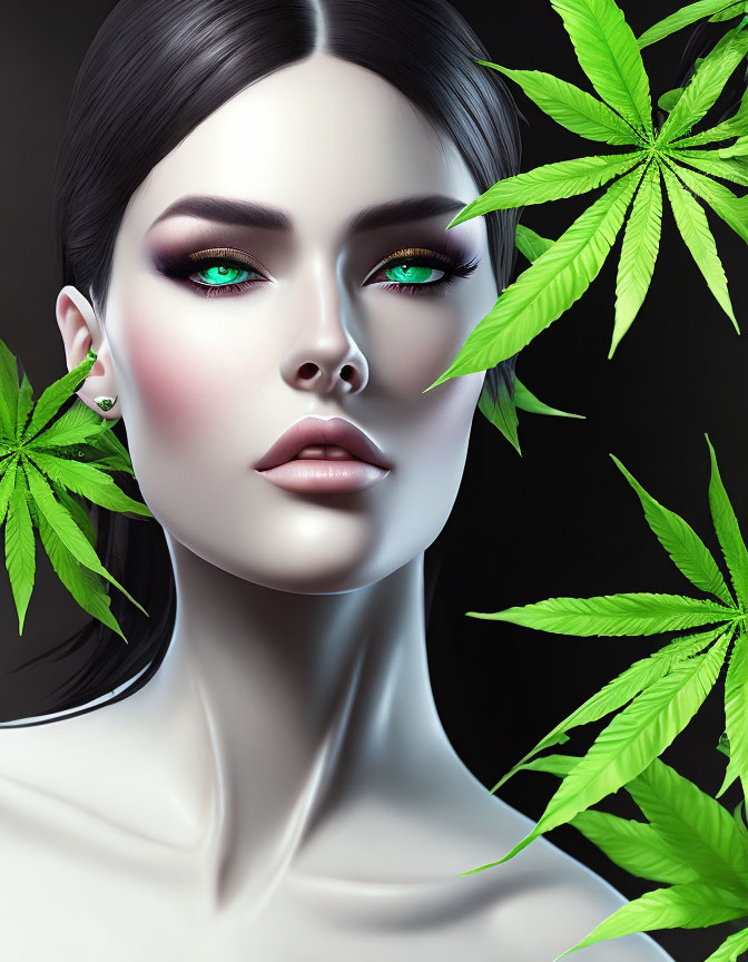 Vivid digital portrait of a woman with green eyes and cannabis leaves on dark background