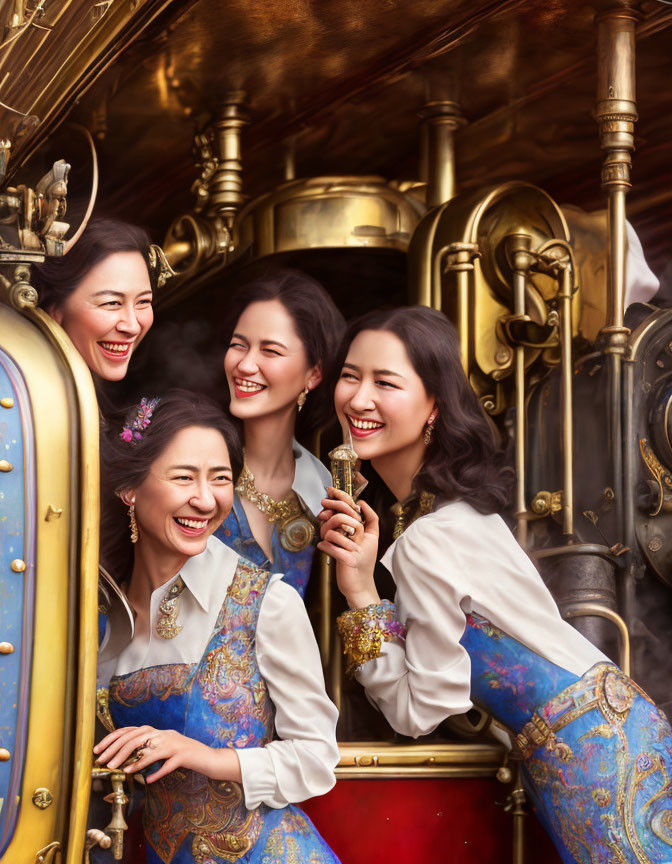 Four Women Laughing in Traditional Attire by Vintage Steam Train