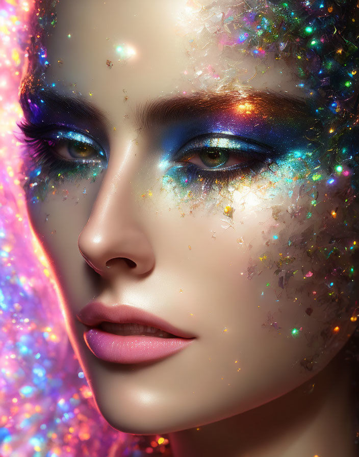 Galaxy-themed makeup with vibrant blues and glitter on a woman.