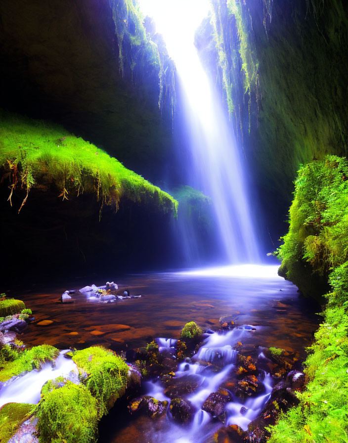 Tranquil waterfall in lush green cave with sunlight rays