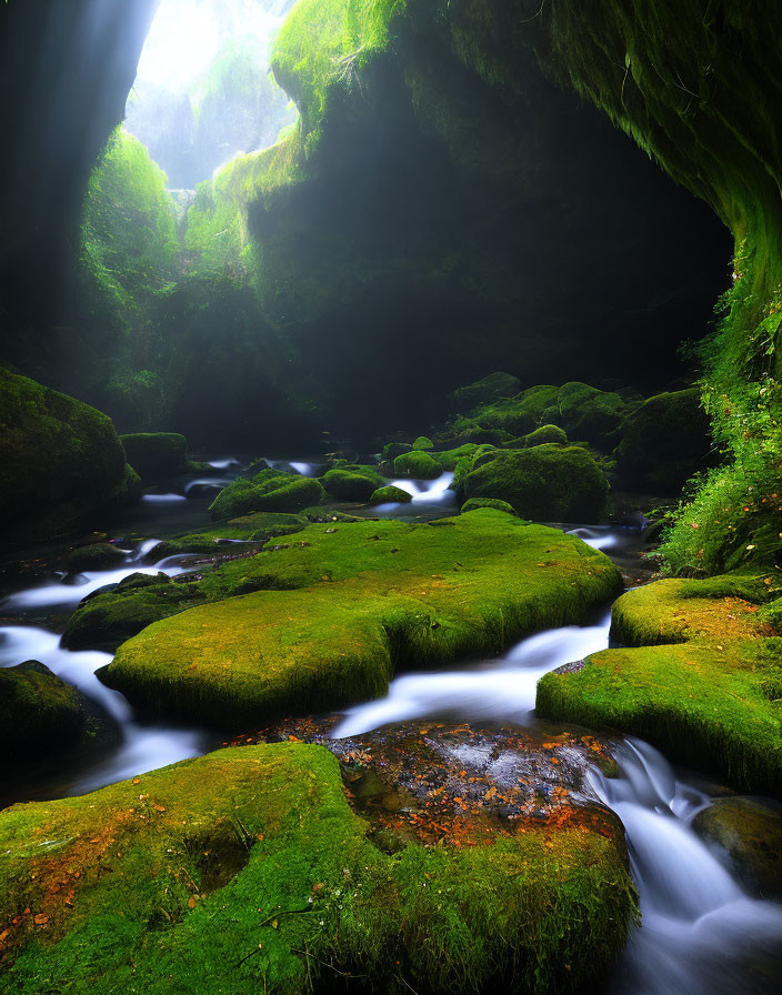 Tranquil stream in moss-covered rocky landscape under forest canopy