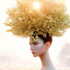 Woman Wearing Tree-Like Floral Headpiece at Sunset