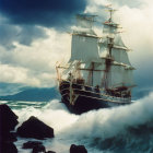 Tall ship with white sails in turbulent seas near rocky shores