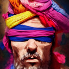 Colorful portrait of a person with blindfold and floral turban on celestial background