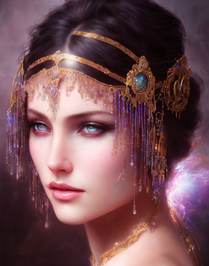 Striking Blue-Eyed Woman with Gold Headpiece on Purple Background