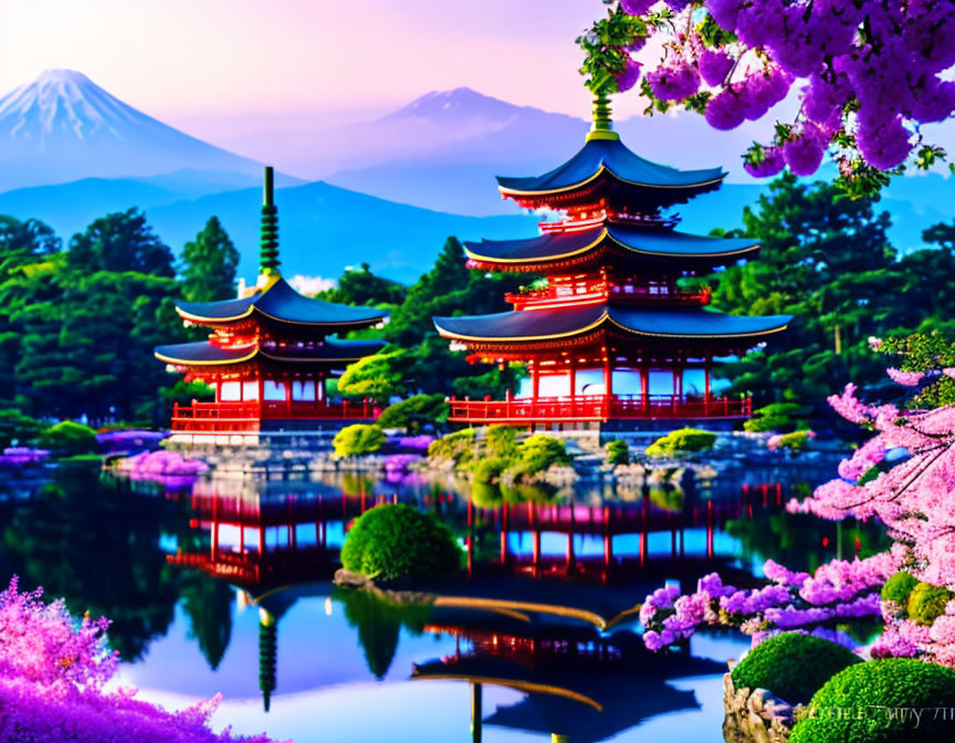 Japanese garden with pagoda, cherry blossoms, pond, and Mount Fuji at dusk