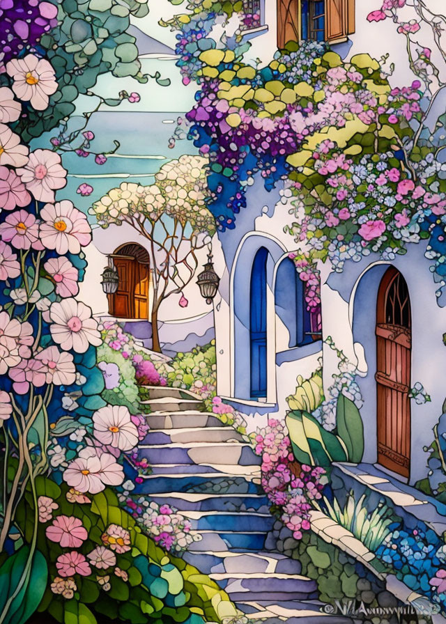 Colorful Whimsical Garden Pathway with Blooming Flowers and Arched Door