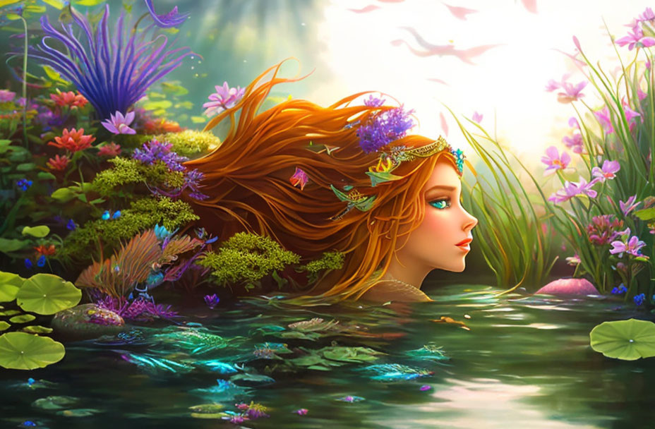 Illustration: Woman with red hair in flower pond with butterflies