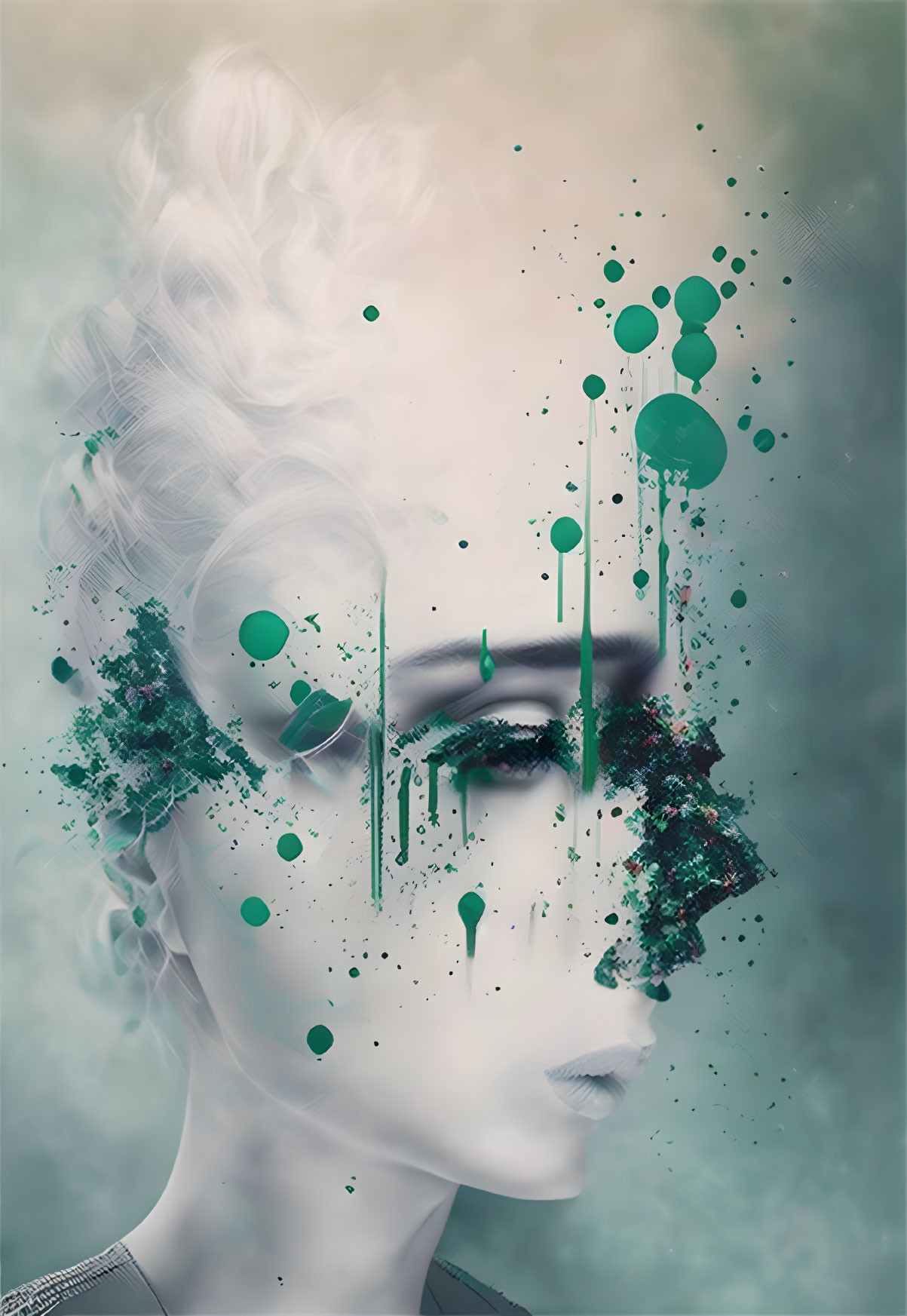 Abstract digital artwork of a woman's face with green splattered paint