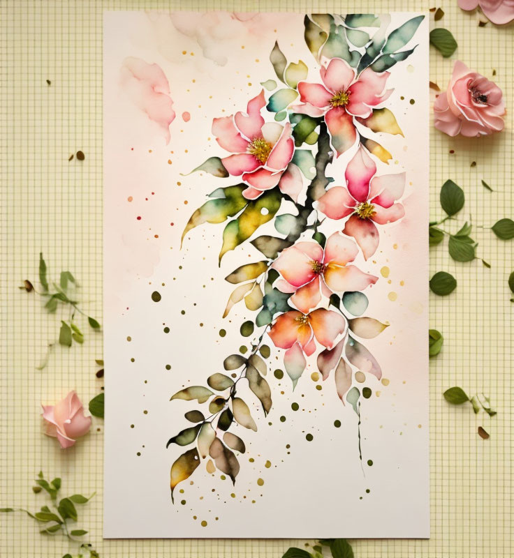 Floral watercolor painting with pink flowers and green leaves on textured paper