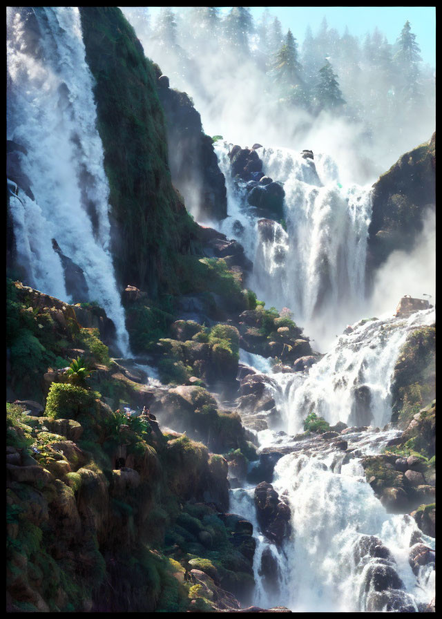 Majestic multi-tiered waterfall in lush greenery