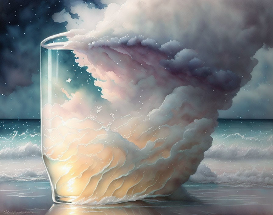 Surreal painting: glass with cloud formation, ocean wave-like, starry sky.