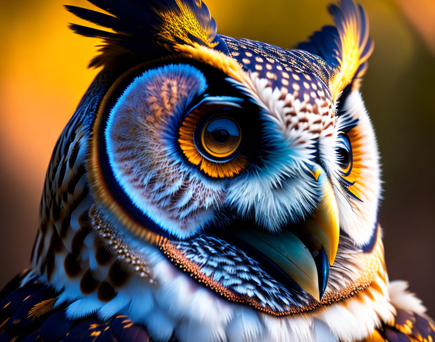 Colorful Owl Close-Up with Detailed Plumage and Intense Eyes