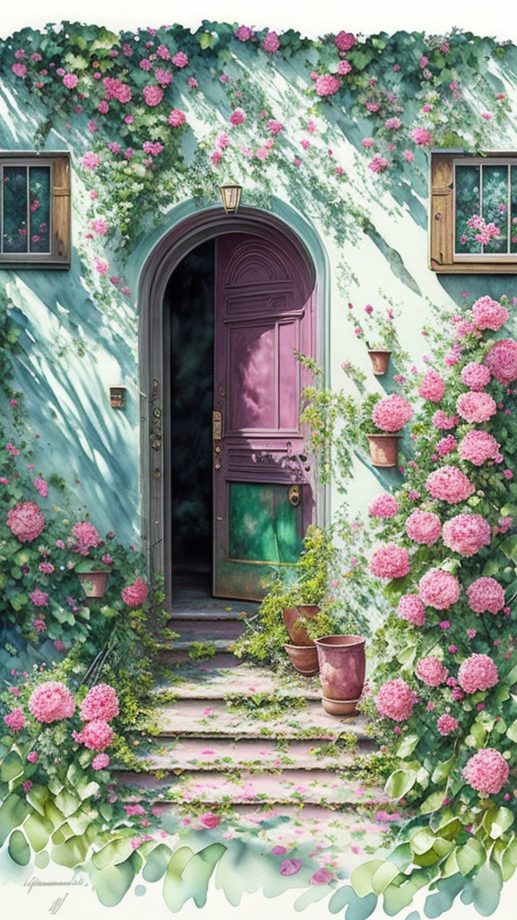 Quaint doorway with pink roses, cobblestone steps & cozy interior glimpse