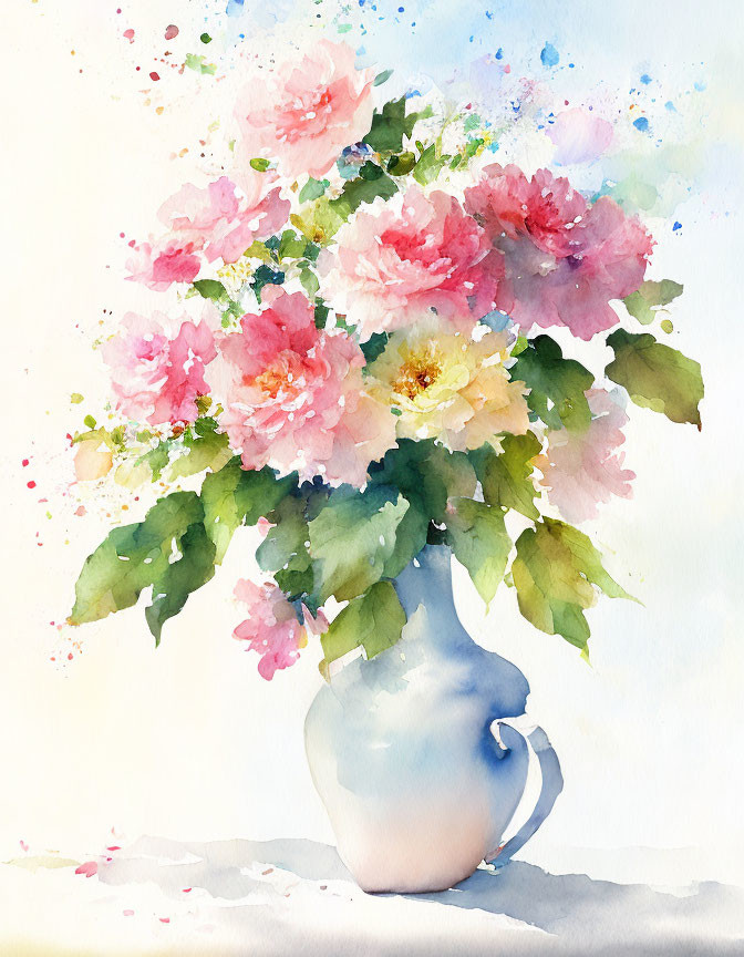 Pastel pink flower bouquet in white vase with blue background