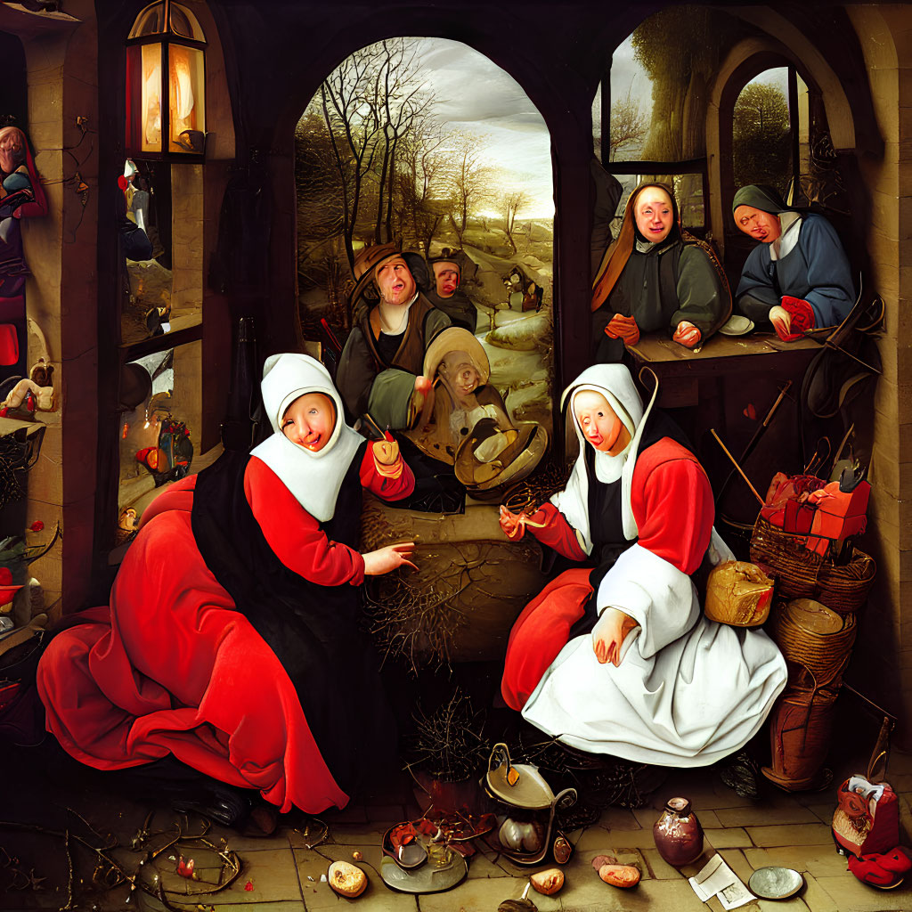 Group of nuns in kitchen painting with snowy landscape and basket details