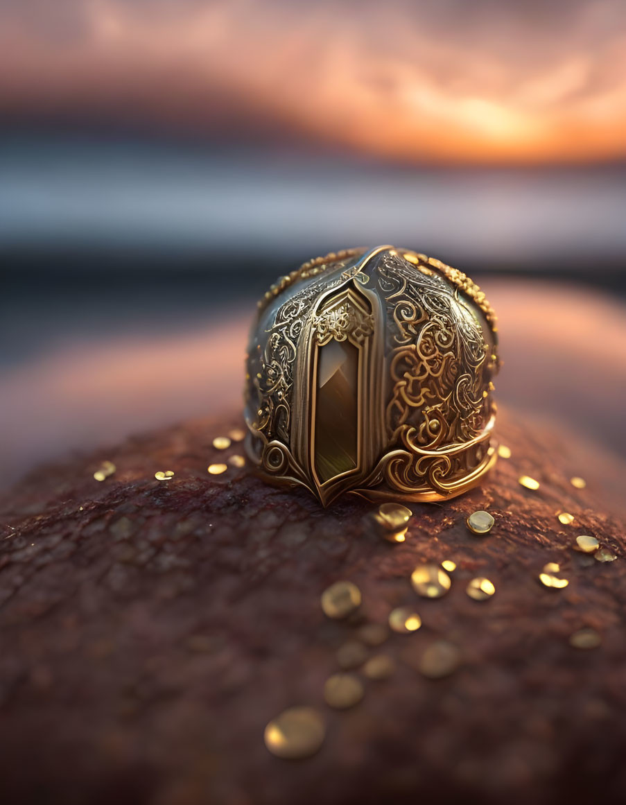 Intricate Golden Ring on Textured Surface at Sunset