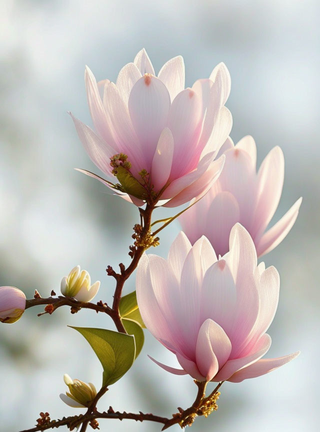 Soft Pink Magnolia Blossoms in Sunlight with Green Leaves