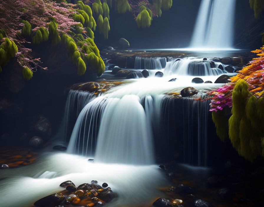 Tranquil waterfall surrounded by mossy rocks and lush green foliage